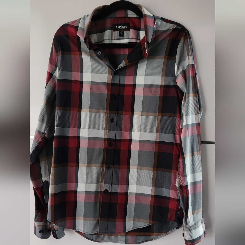 Express Casual Button Down Shirt Black Red Plaid